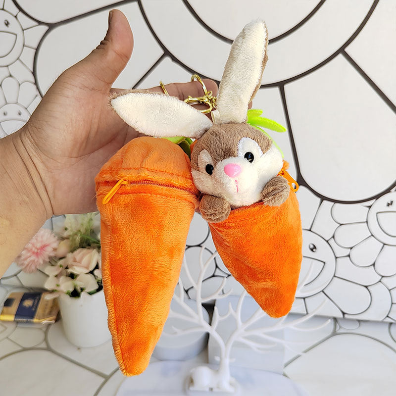 Cute Carrot Bunny Plush Keychain - Small Rabbit Stuffed Toy Bag Charm and Coin Purse