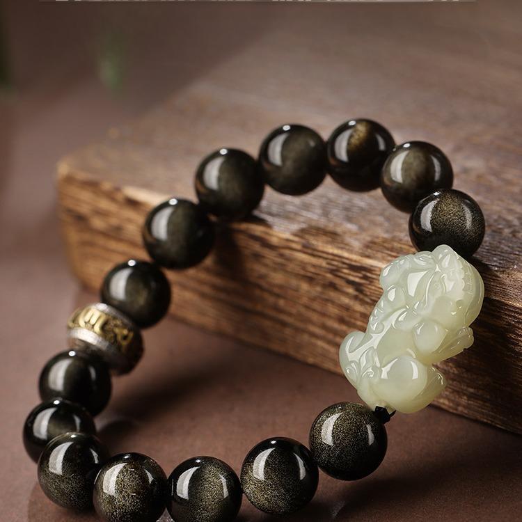 Hetian Jade Obsidian Pixiu Six-Character Mantra Fortune-Teleporting Beads