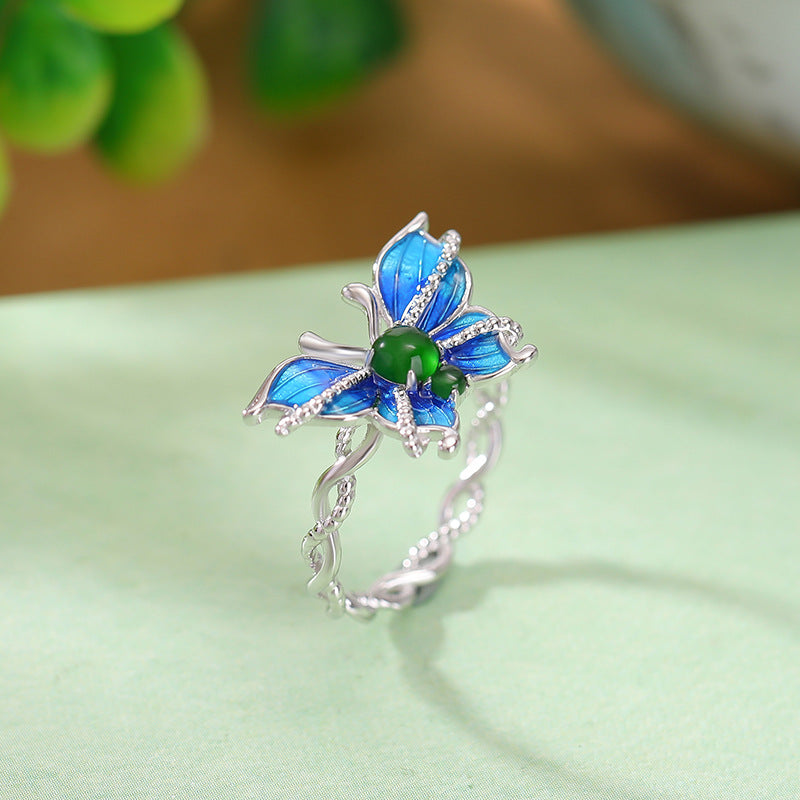 S925 sterling silver jade enamel butterfly twist ring  light luxury niche fashion high-end open ring