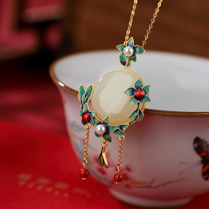 S925 sterling silver gold-plated cloisonne and Hetian jade pearl ring  Retro palace style plum blossom tassel pendant