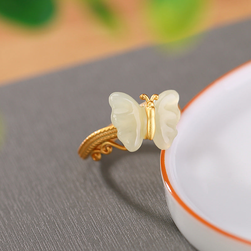 S925 sterling silver and gold-plated Hetian jade butterfly ring