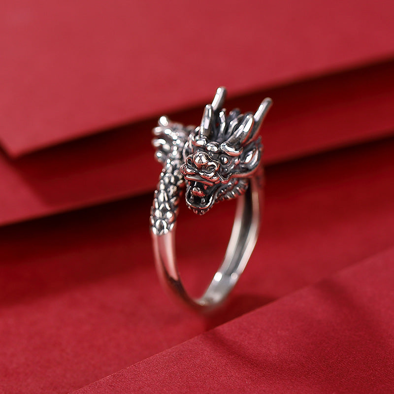 S999 sterling silver retro distressed domineering dragon ring  Unisex open ring for the dragon in the birth year