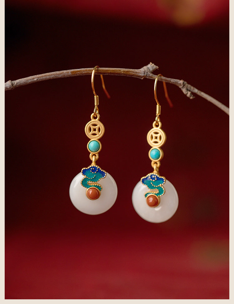 Hetian Jade Peace Buckle Earrings with Gold Cloisonné Enamel Clouds - Chinese Vintage Style