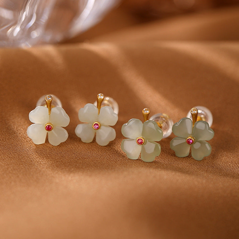 S925 sterling silver gold-plated Hetian jade lucky four-leaf clover earrings  Classic temperament earrings