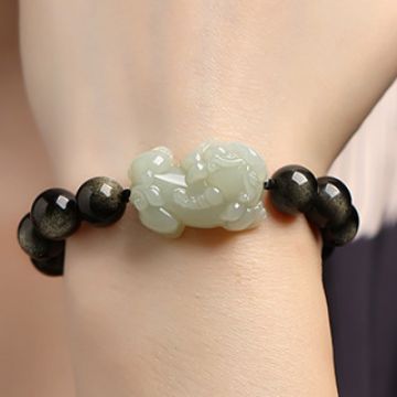 925silver Hetian Jade Obsidian Pixiu Six-Character Mantra Fortune-Teleporting Beads