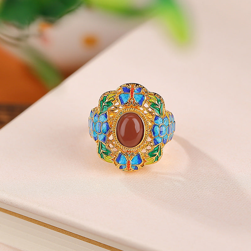 S925 sterling silver gold-plated Nanhong lapis lazuli enamel butterfly lotus hollow ring  National trend egg-shaped ring