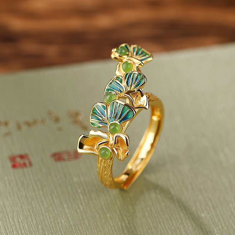 S925 sterling silver gold-plated Hetian jade jasper cloisonne ginkgo leaf ring National trend fashion elegant ring