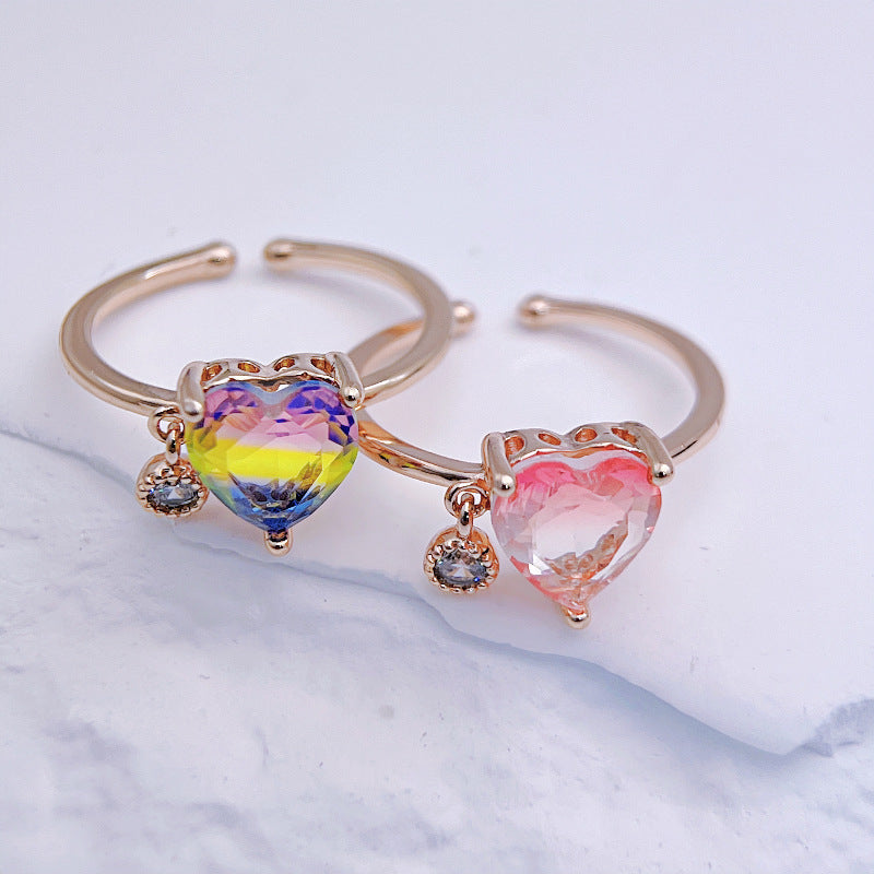 Rainbow Stone Heart Open Ring - Adjustable Finger Ring with Blood Red Gem, Sweet and Unique High-End Design for Women