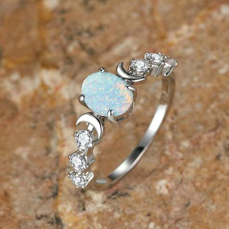 New Oval White Opal Moon Ring - Vintage European Style, Luxurious Four-Prong Design, Gemstone Jewelry