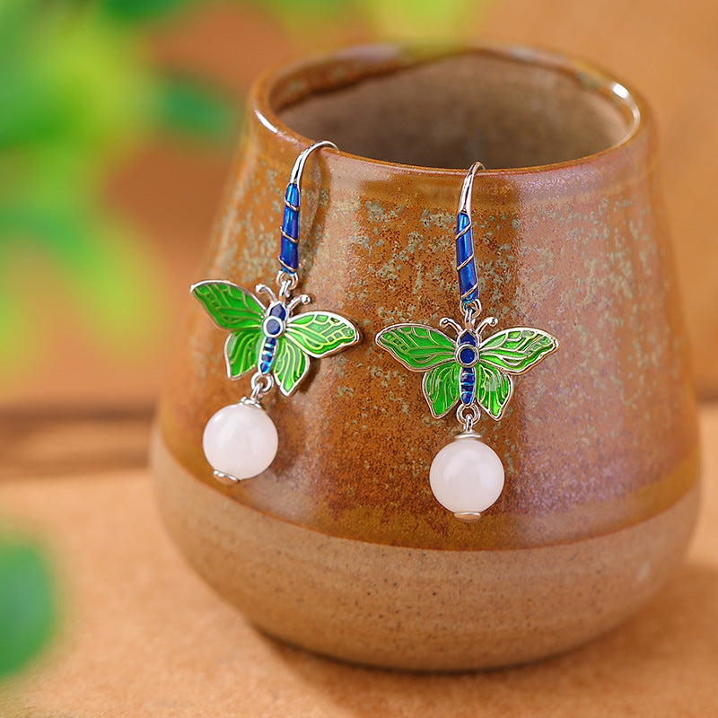 S925 sterling silver Hetian jade white jade cloisonne butterfly round bead earrings  National trend new Chinese style enamel earrings