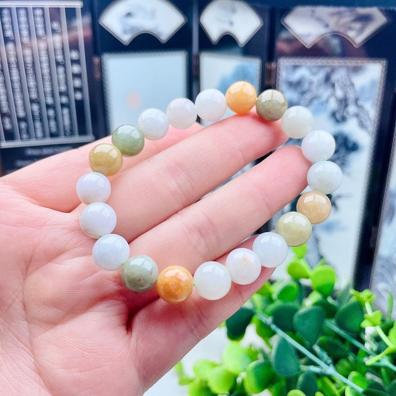 Myanmar natural white yellow green jadeite 10mm bracelet