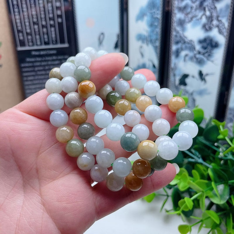 Myanmar natural white yellow green jadeite 10mm bracelet