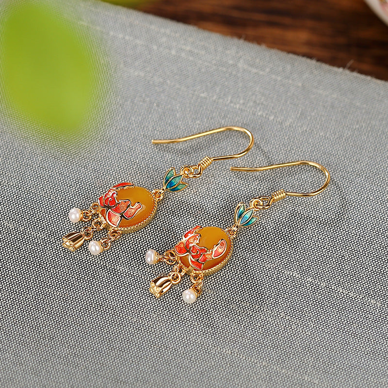 S925 sterling silver gold-plated beeswax cloisonne enamel pearl bud earrings retro national tide style