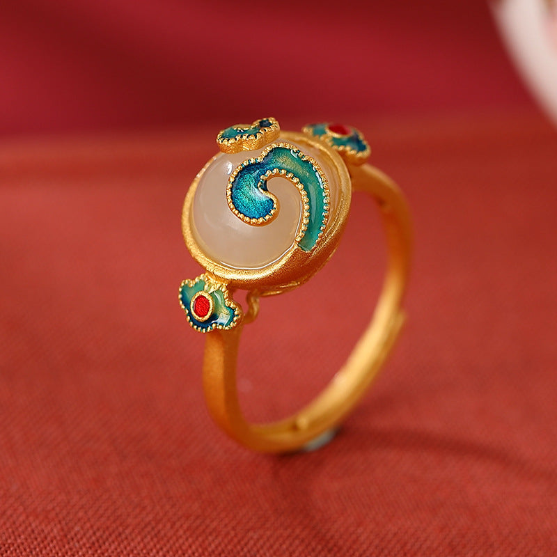 S925 sterling silver gold-plated cloisonne and Hetian jade auspicious cloud and ruyi ring Retro national style