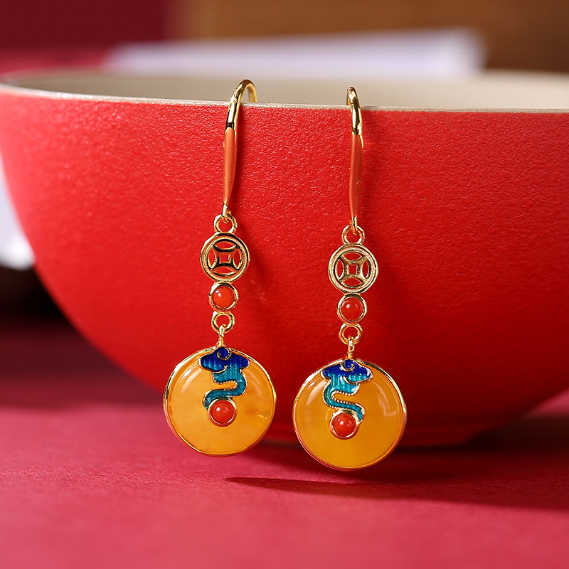 S925 sterling silver gold-plated cloisonne natural beeswax retro auspicious cloud peace buckle set earrings pendant