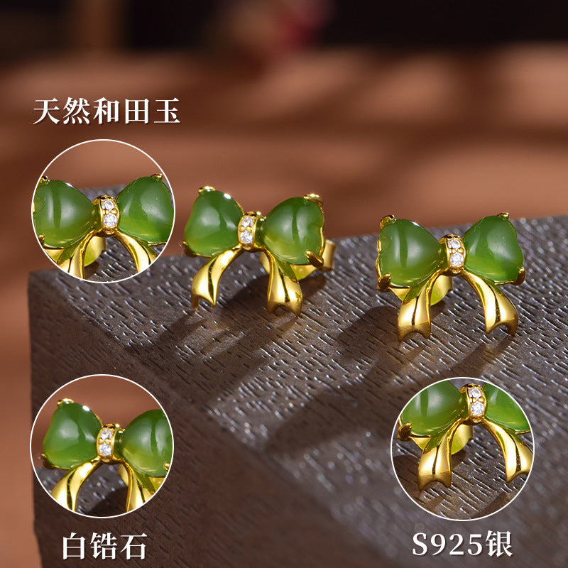 925 Gold-Plated Silver Inlaid Hetian Jade Bowknot Earrings