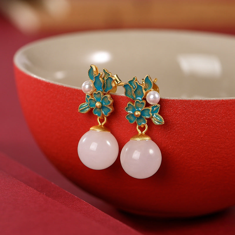 S925 sterling silver gold-plated cloisonne and Hetian white jade pearl set  Chinese round bead earrings, rings, pendants, women's jewelry