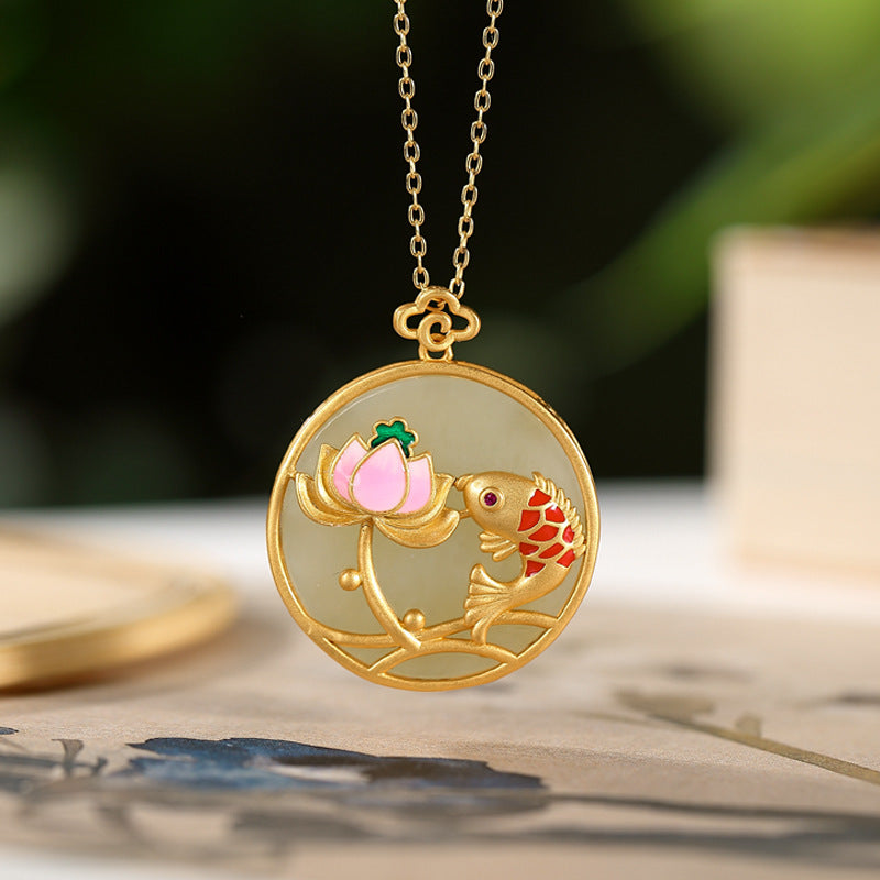 S925 sterling silver gold-plated natural Hetian jade sapphire cloisonne carp lotus peace buckle pendant Retro style pendant