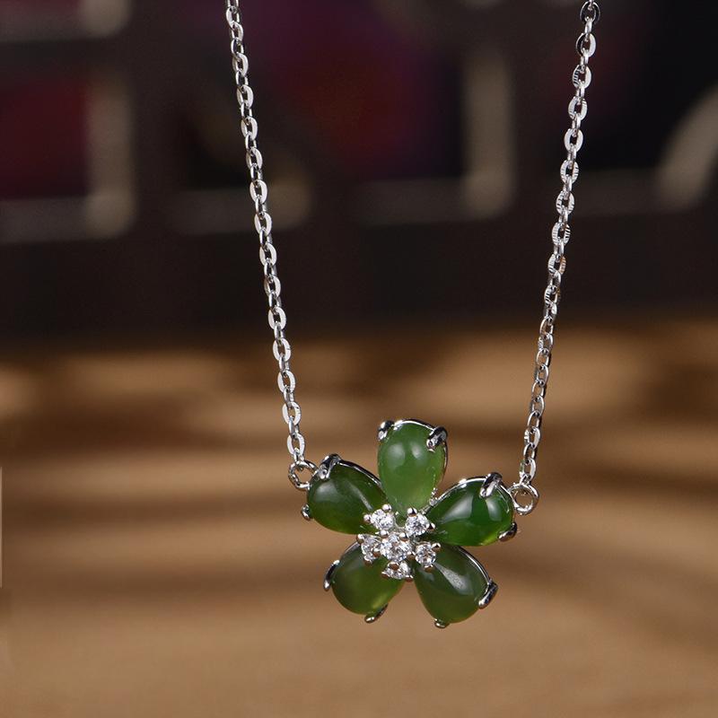 925 Silver Natural Hetian Jade Flower Necklace