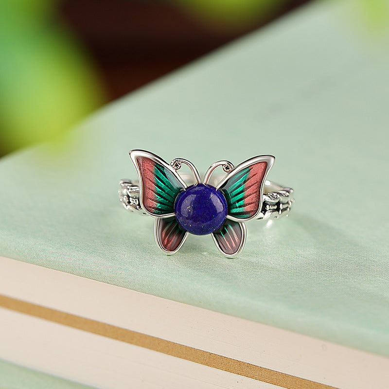 S925 sterling silver Nanhong lapis lazuli national trend cloisonne gradient butterfly ring