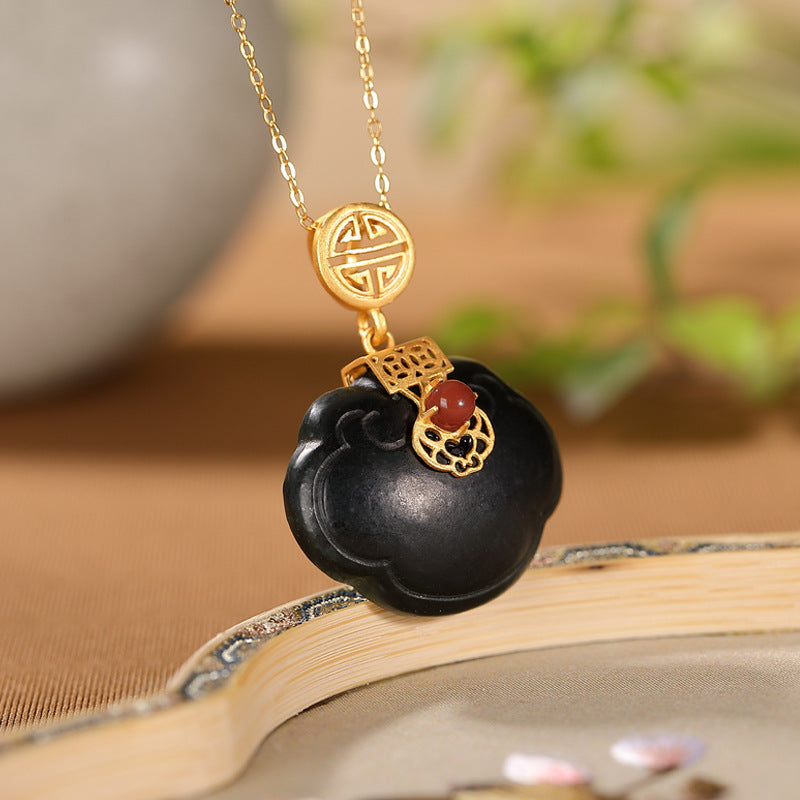 S925 sterling silver gold-plated black jade necklace Natural Hetian jade Ruyi necklace