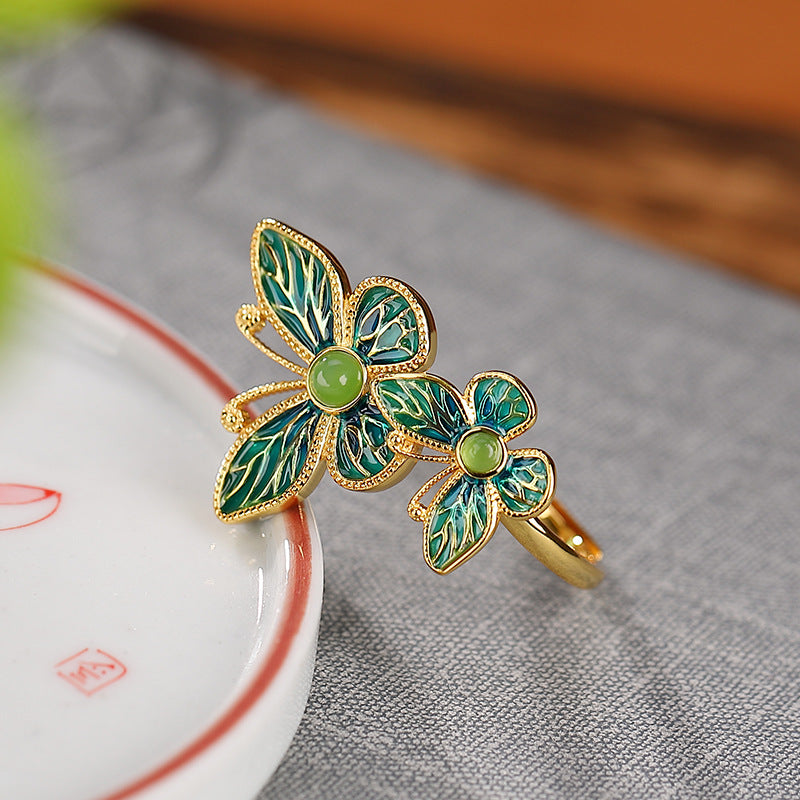 S925 sterling silver and gold-plated Hetian jade butterfly ring