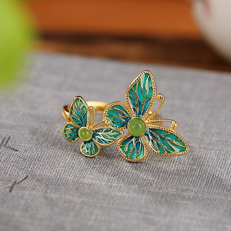 S925 sterling silver and gold-plated Hetian jade butterfly ring