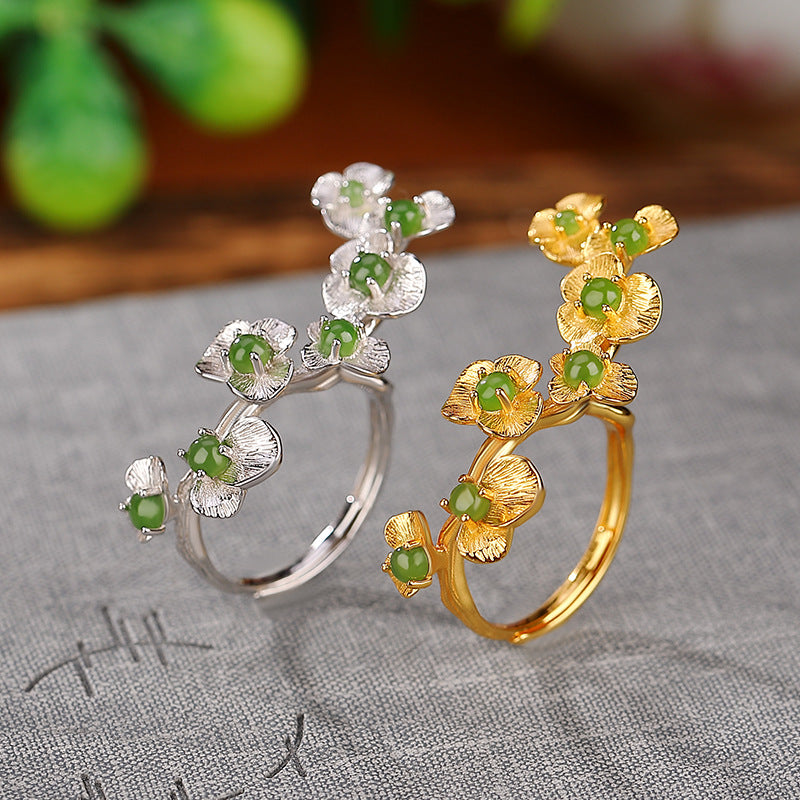 S925 sterling silver gold-plated Hetian jade jasper blooming flowers ring ancient style retro niche elegant ring