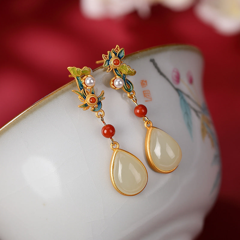 S925 sterling silver gold-plated cloisonne and Hetian jade earrings Retro personalized lotus water drop earrings