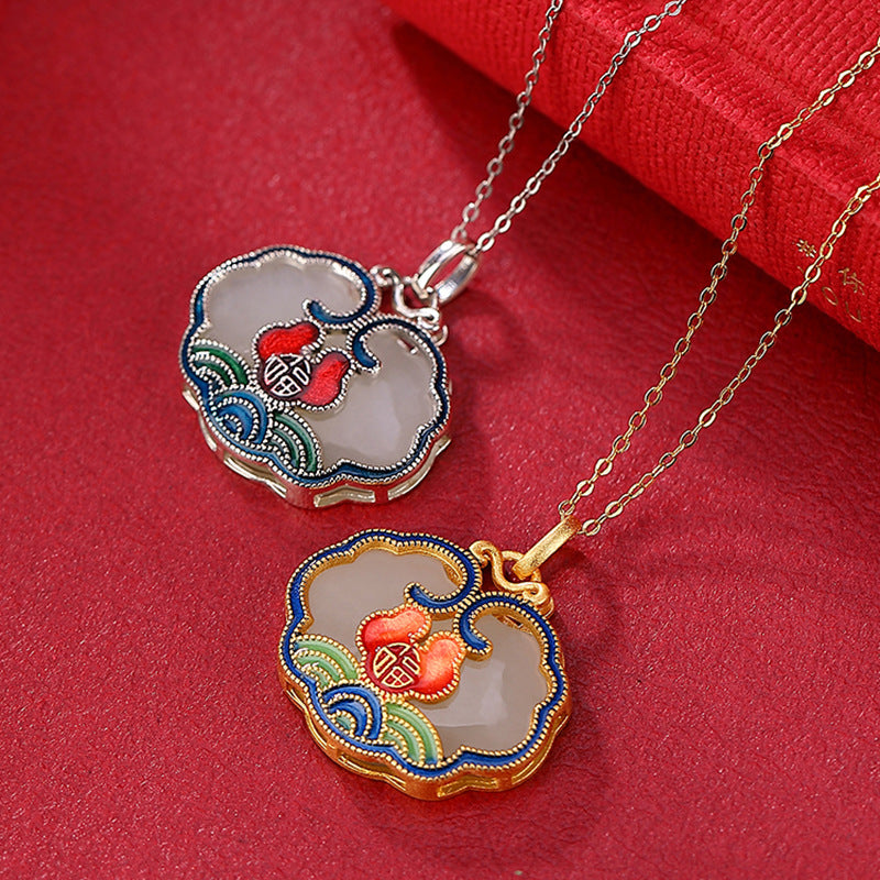 S925 sterling silver gold-plated cloisonne natural Hetian jade pendant  Chinese style blessing auspicious cloud Ruyi pendant