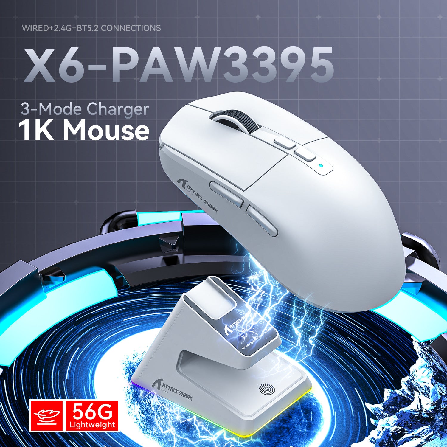 Attack Shark X6 Mouse - Lightweight PAW3395 Gaming Mouse, Triple-Mode Wireless and Bluetooth, with RGB Charging Base