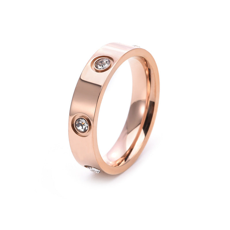 High-End Titanium Steel Ring with Six Crystals - Elegant Non-Fading Couple Rings for Women