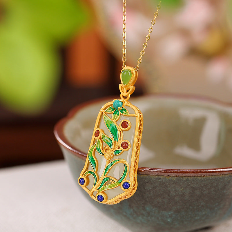 S925 sterling silver gold-plated Hetian jade national tide cloisonné pendant Ancient style enamel leaf pendant