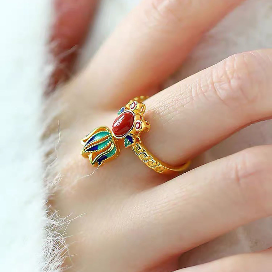 Chinese red koi ring national style temperament literary folk style adjustable ring