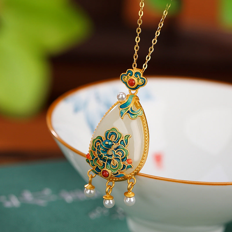 S925 sterling silver gold-plated Hetian jade national tide cloisonne carp Ruyi water drop tassel pendant