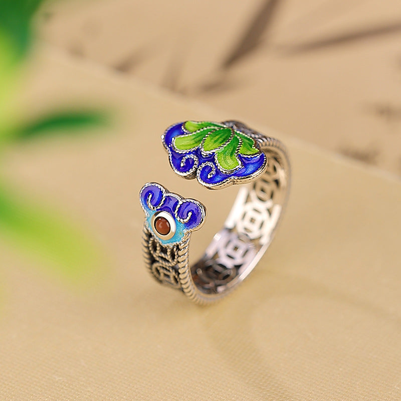 S925 sterling silver Nanhong Guochao enamel lotus Ruyi coin ring  ethnic style hollow opening adjustable