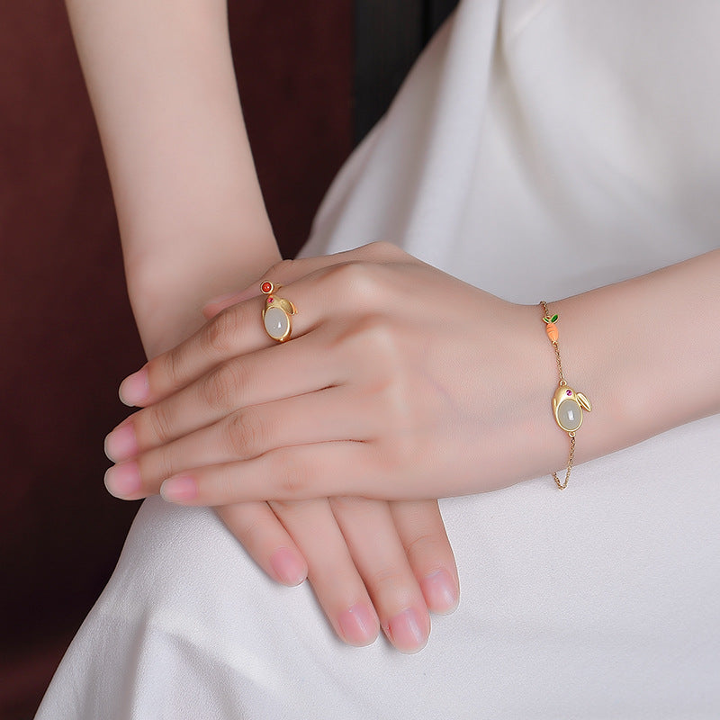 S925 sterling silver and gold-plated Hetian jade rabbit love carrot package | bracelet, necklace, earrings, ring four-piece set