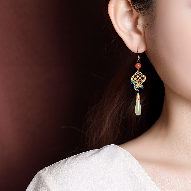 S925 sterling silver, gold-plated Hetian jade, cloisonne, vintage coin, four-leaf clover, plum blossom, long earrings