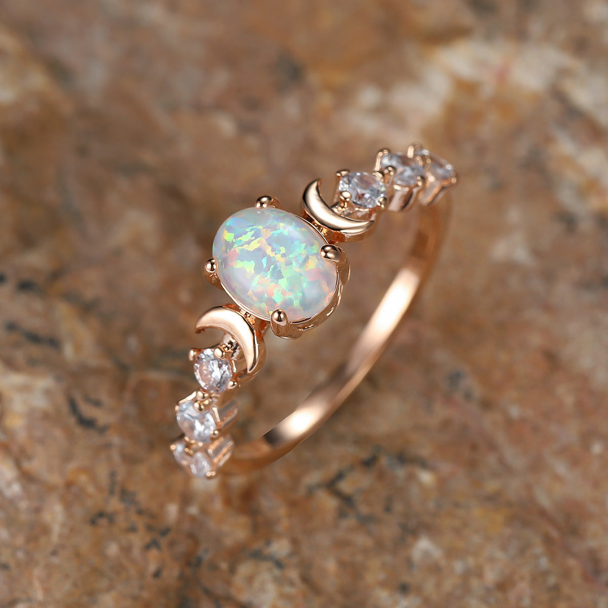 New Oval White Opal Moon Ring - Vintage European Style, Luxurious Four-Prong Design, Gemstone Jewelry