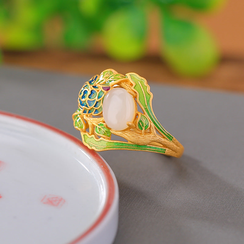 S925 sterling silver gold-plated Hetian jade Qinghai white jade peony ring  National trend enamel flower silver ring