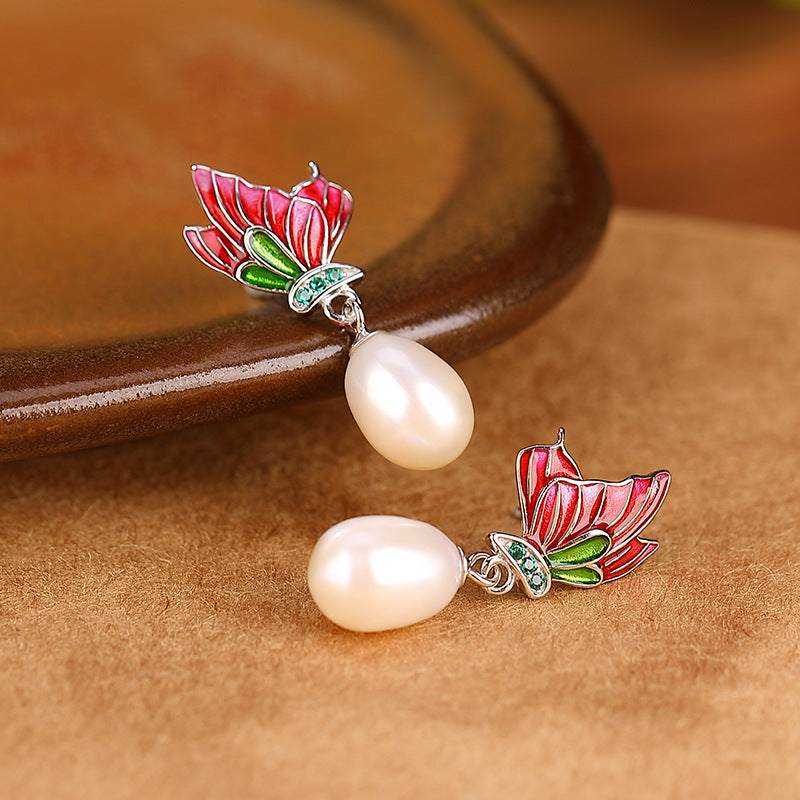 S925 sterling silver pearl butterfly design temperament set  Chinese elegant retro rings, earrings, necklaces