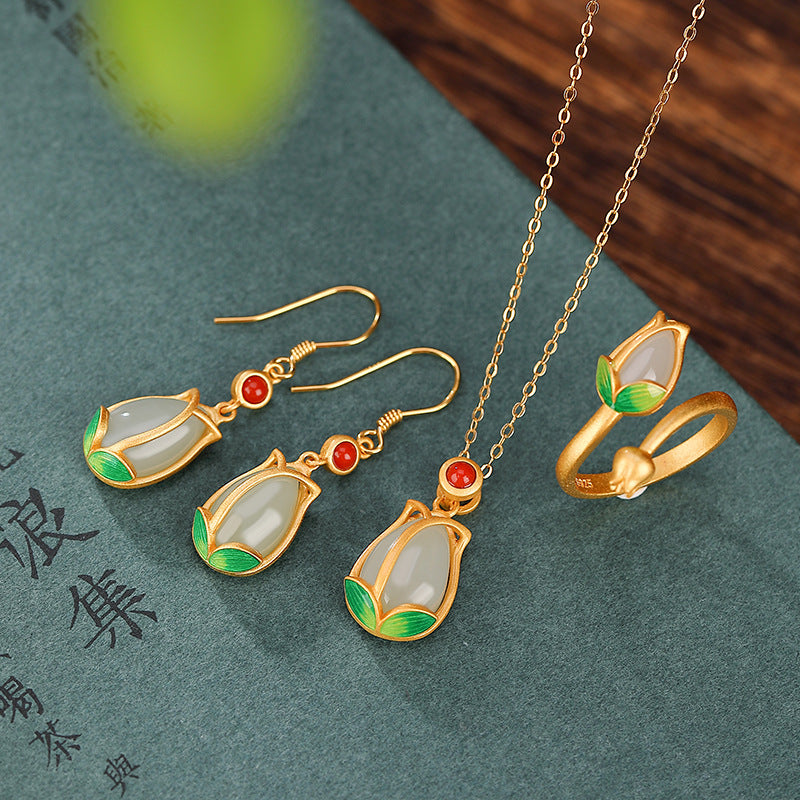 S925 sterling silver gold-plated cloisonne and Hetian jade vintage tulip temperament set earrings, rings, necklace three-piece set