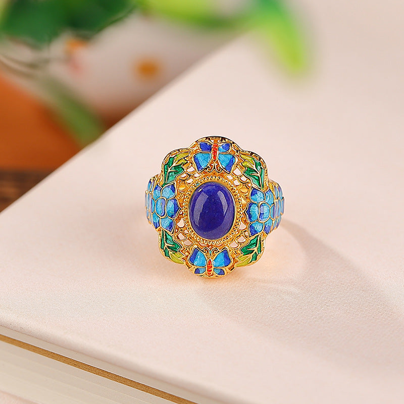 S925 sterling silver gold-plated Nanhong lapis lazuli enamel butterfly lotus hollow ring  National trend egg-shaped ring