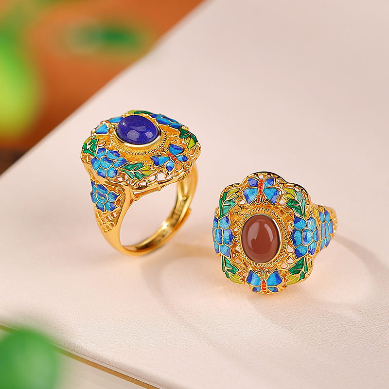 S925 sterling silver gold-plated Nanhong lapis lazuli enamel butterfly lotus hollow ring  National trend egg-shaped ring