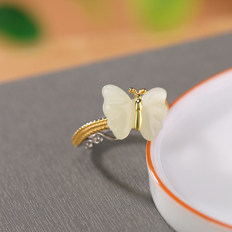 S925 sterling silver and gold-plated Hetian jade butterfly ring