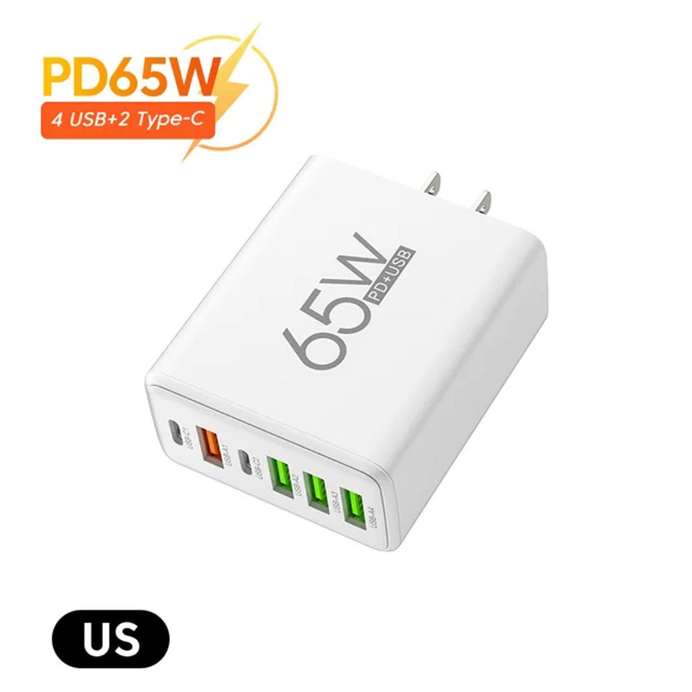 Multi-Port Phone Charger - 2 Type-C PD + 4 USB Travel Adapter, 65W, 3.1A, EU/US Plug