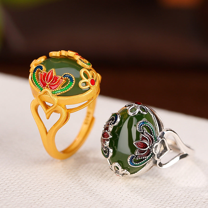 S925 sterling silver gold-plated Hetian Jasper Cloisonne Lotus Ring with adjustable opening