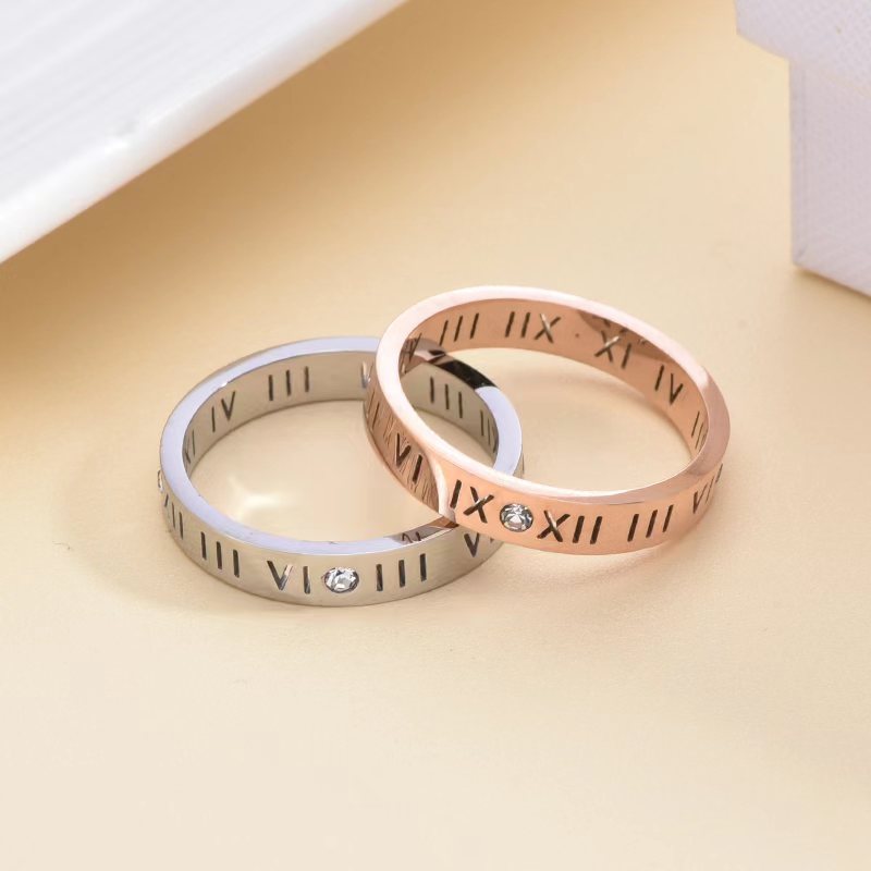 Titanium Steel Roman Numeral Ring with Diamonds - Non-Fading, Personalized Couple Ring for Men and Women