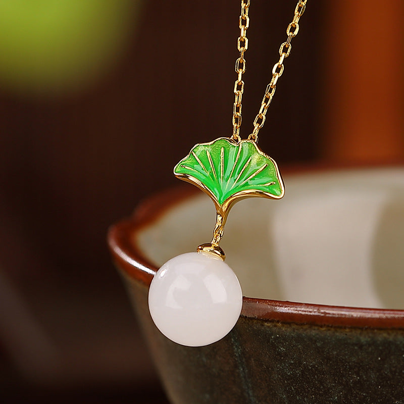 S925 sterling silver gold-plated white jade ginkgo leaf round bead earrings necklace  Pastoral fresh temperament female necklace