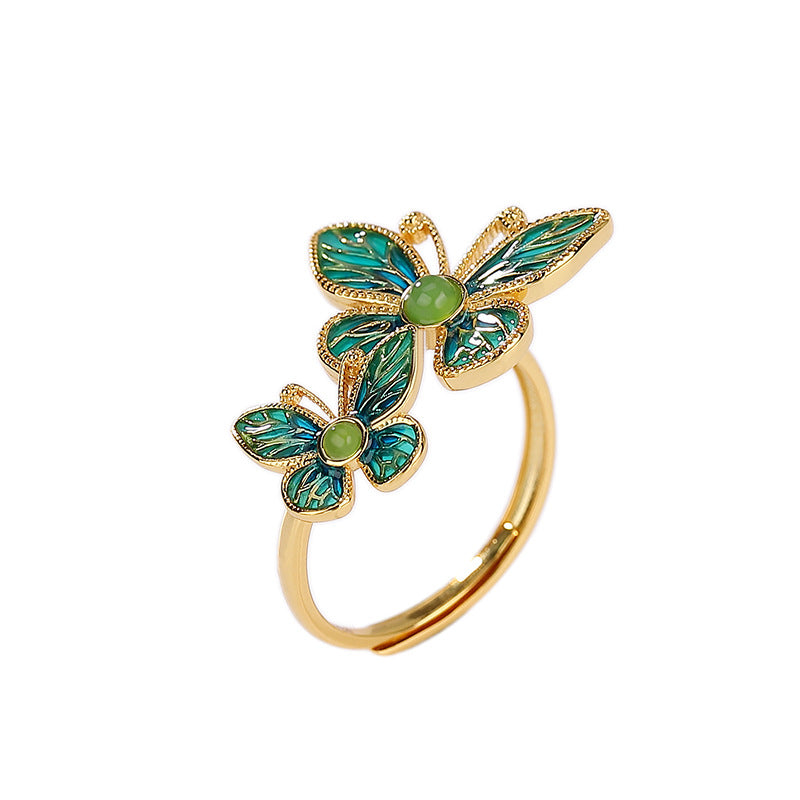 S925 sterling silver and gold-plated Hetian jade butterfly ring